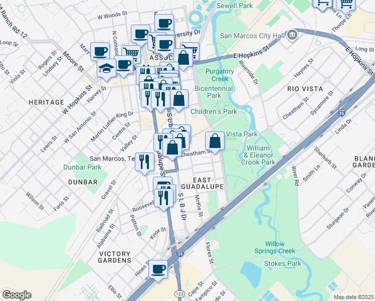 map of restaurants, bars, coffee shops, grocery stores, and more near 215 Cheatham Street in San Marcos