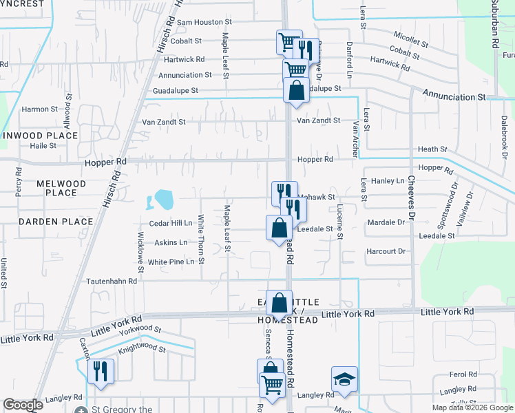 map of restaurants, bars, coffee shops, grocery stores, and more near 5826 Mohawk Street in Houston