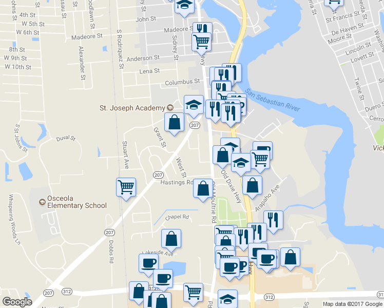 map of restaurants, bars, coffee shops, grocery stores, and more near 297 Henry Street in St. Augustine