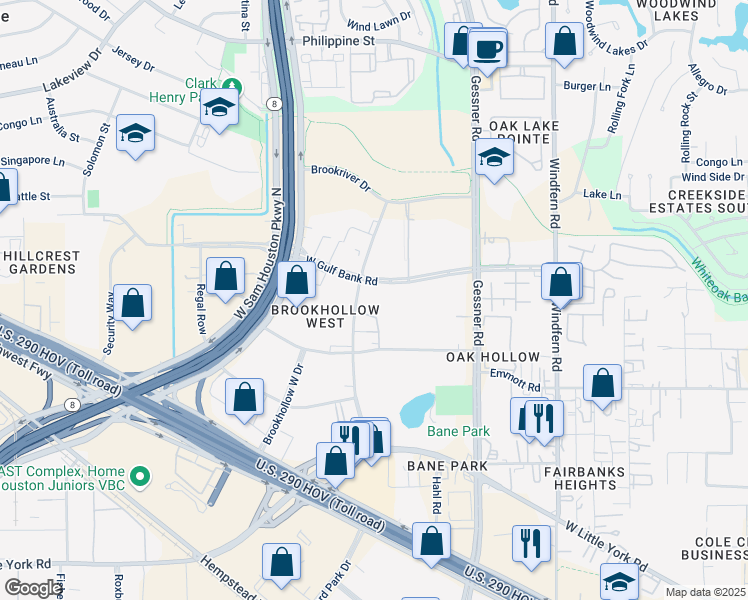 map of restaurants, bars, coffee shops, grocery stores, and more near 9777 West Gulf Bank Road in Houston