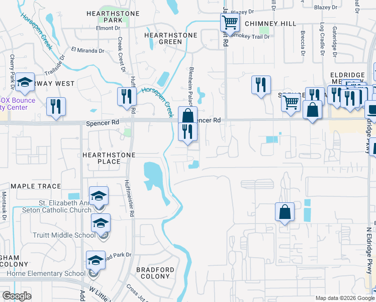 map of restaurants, bars, coffee shops, grocery stores, and more near 14025 Farm to Market Road 529 in Houston
