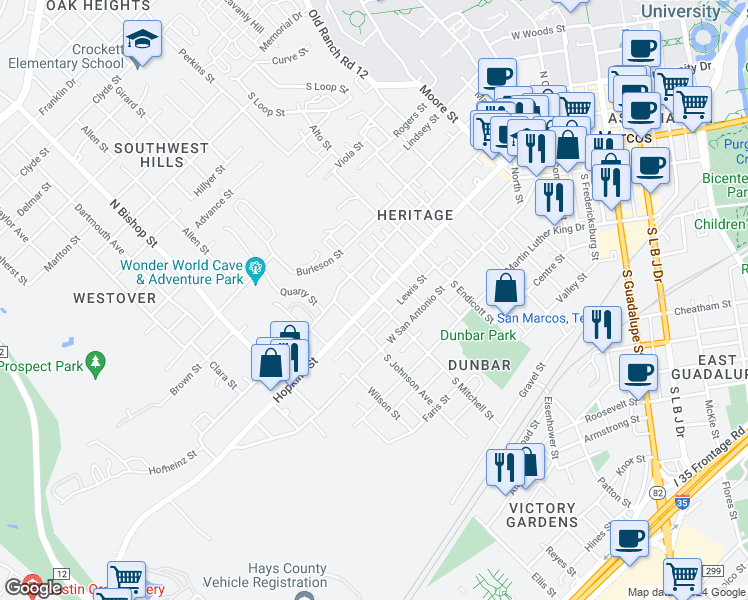 map of restaurants, bars, coffee shops, grocery stores, and more near 1003 Hopkins Street in San Marcos