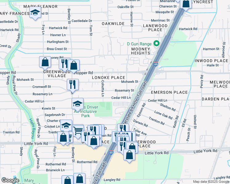 map of restaurants, bars, coffee shops, grocery stores, and more near 11079 Copley Lane in Houston