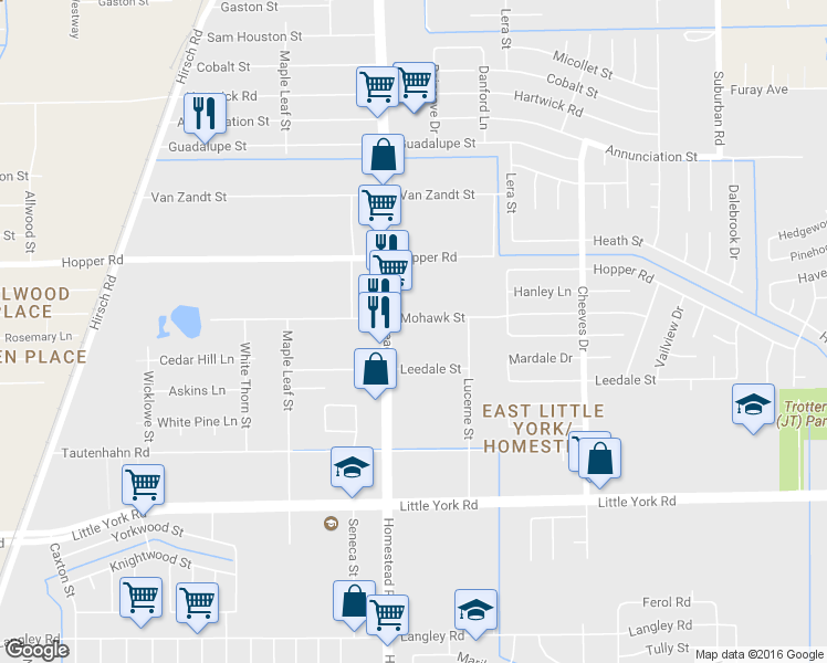map of restaurants, bars, coffee shops, grocery stores, and more near 5940 Mohawk Street in Houston