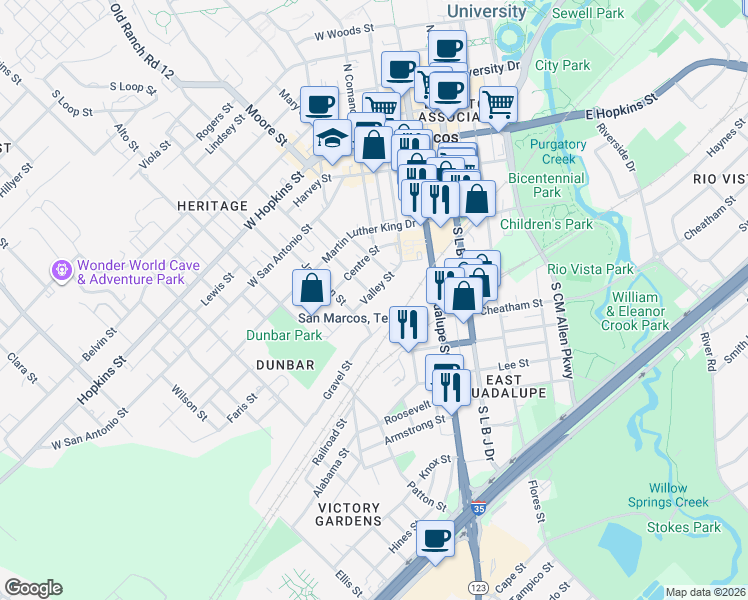 map of restaurants, bars, coffee shops, grocery stores, and more near 409 Valley Street in San Marcos