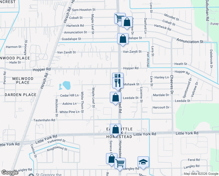 map of restaurants, bars, coffee shops, grocery stores, and more near 5826 Mohawk Street in Houston