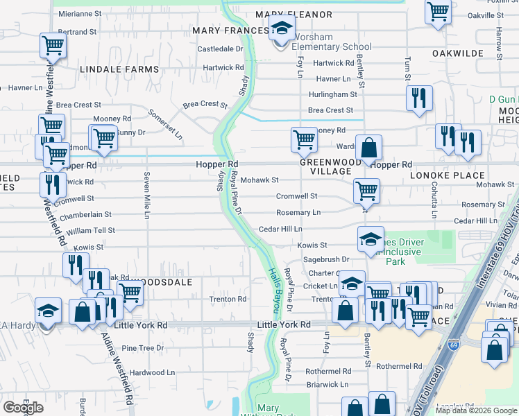 map of restaurants, bars, coffee shops, grocery stores, and more near 2913 Rosemary Lane in Houston
