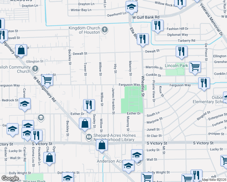 map of restaurants, bars, coffee shops, grocery stores, and more near 1343 Ferguson Way in Houston