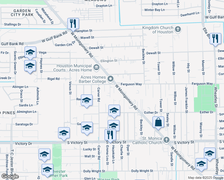map of restaurants, bars, coffee shops, grocery stores, and more near 8321 Burg Street in Houston