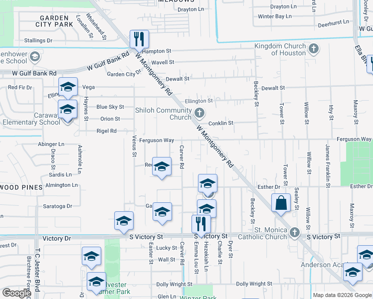 map of restaurants, bars, coffee shops, grocery stores, and more near 8314 Carver Road in Houston
