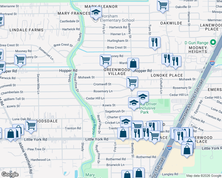 map of restaurants, bars, coffee shops, grocery stores, and more near 3117 Rosemary Lane in Houston