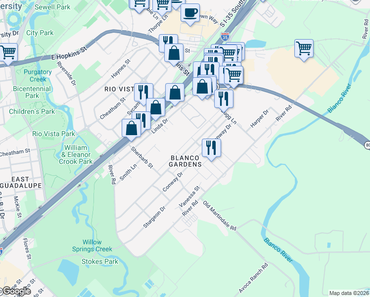 map of restaurants, bars, coffee shops, grocery stores, and more near 1107 Barbara Drive in San Marcos