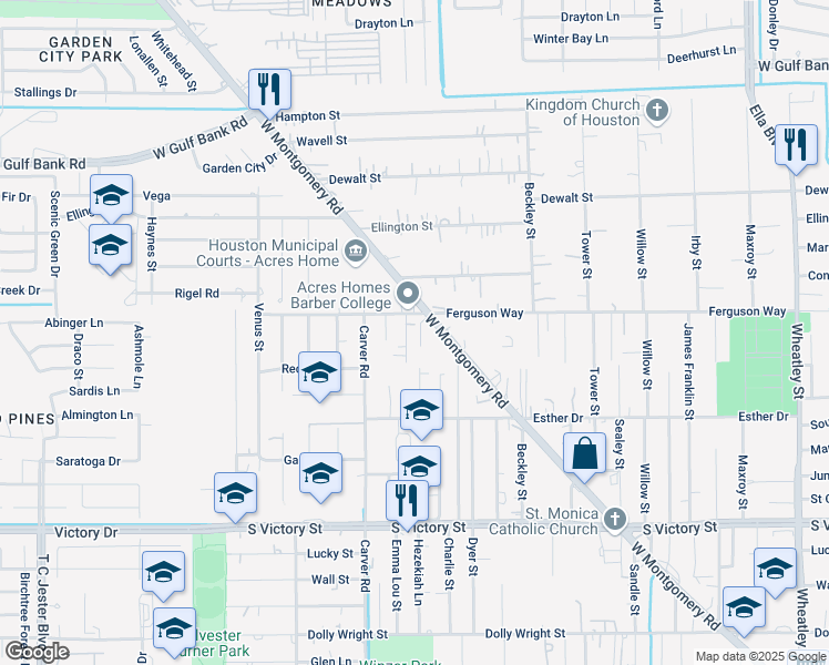 map of restaurants, bars, coffee shops, grocery stores, and more near 8321 Burg Street in Houston