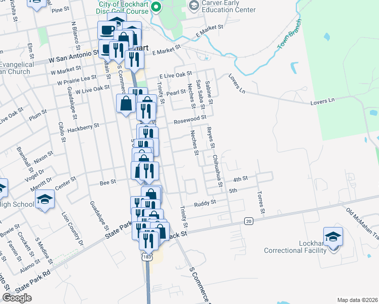 map of restaurants, bars, coffee shops, grocery stores, and more near 616 Cottonwood Street in Lockhart