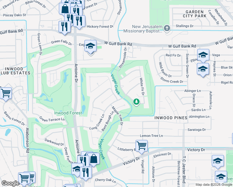 map of restaurants, bars, coffee shops, grocery stores, and more near 7703 Streamside Drive in Houston
