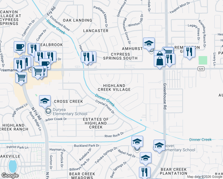 map of restaurants, bars, coffee shops, grocery stores, and more near 6822 Creek Village Drive in Katy