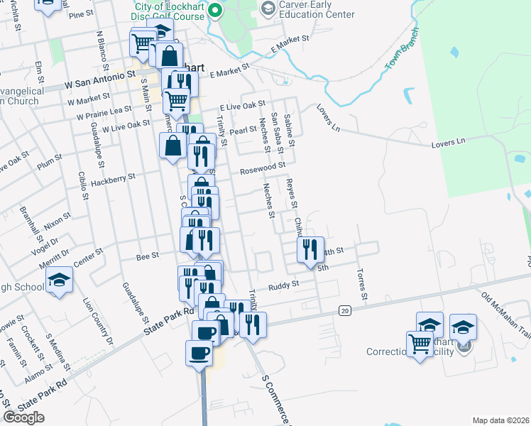 map of restaurants, bars, coffee shops, grocery stores, and more near 616 Cottonwood St in Lockhart