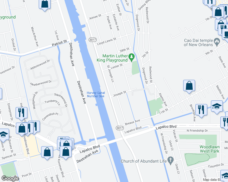 map of restaurants, bars, coffee shops, grocery stores, and more near 2230 Peters Road in Harvey