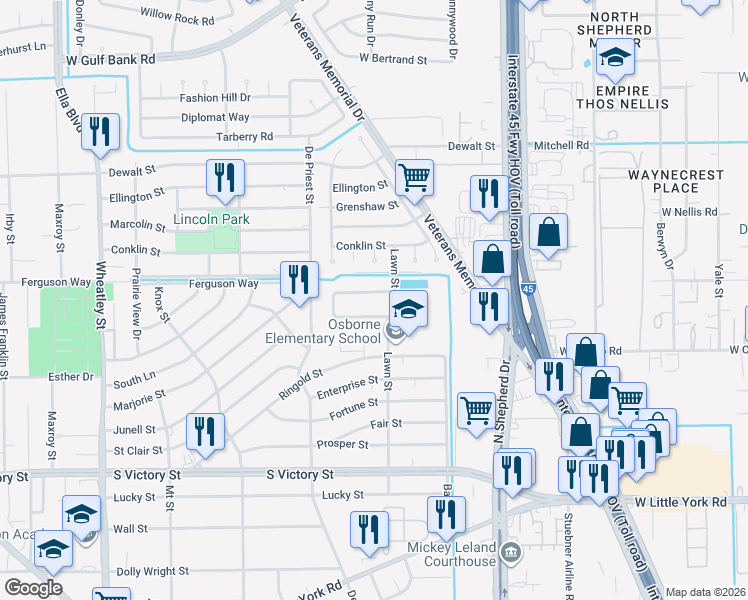 map of restaurants, bars, coffee shops, grocery stores, and more near 808 Junell Street in Houston