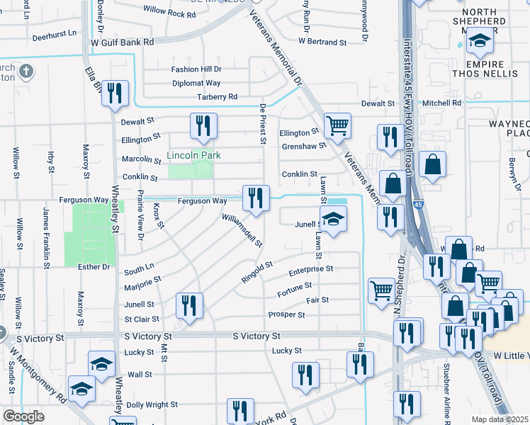 map of restaurants, bars, coffee shops, grocery stores, and more near 8307 De Priest Street in Houston