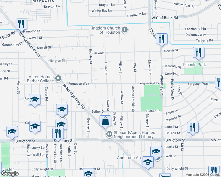 map of restaurants, bars, coffee shops, grocery stores, and more near 9115 Henrietta Street in Houston