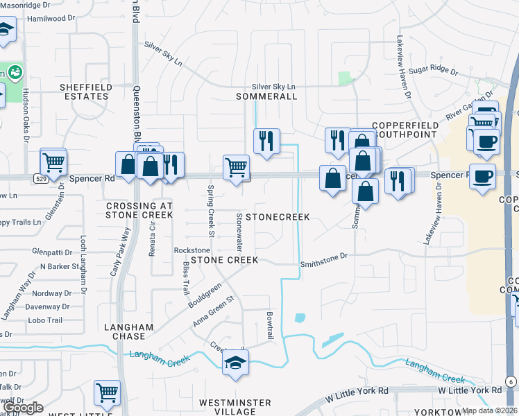 map of restaurants, bars, coffee shops, grocery stores, and more near 6843 Knoll Spring Way in Houston