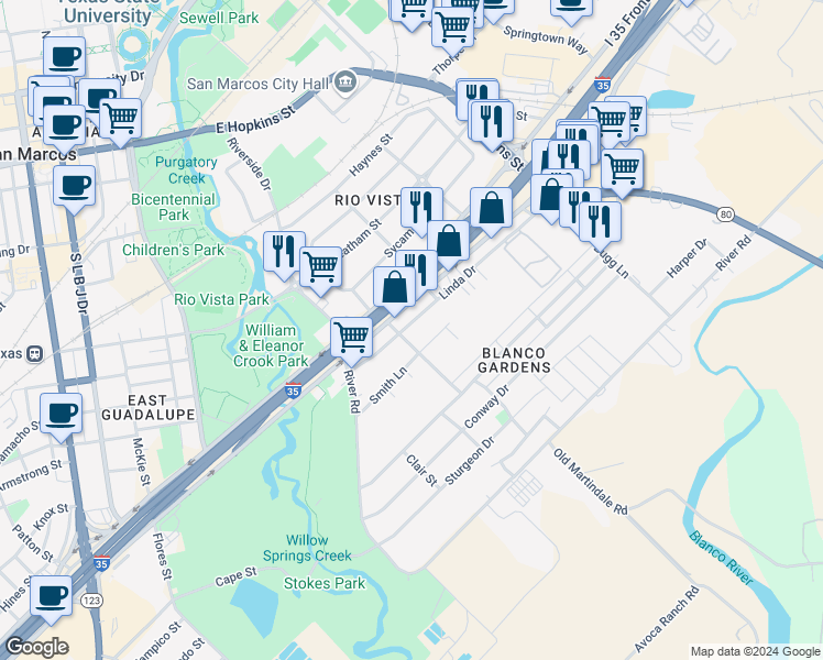 map of restaurants, bars, coffee shops, grocery stores, and more near 304 Linda Drive in San Marcos