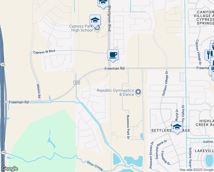 map of restaurants, bars, coffee shops, grocery stores, and more near 21462 Freeman Road in Katy