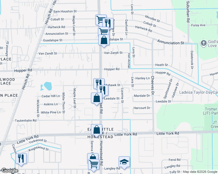 map of restaurants, bars, coffee shops, grocery stores, and more near 5940 Mohawk Street in Houston