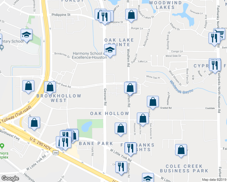 map of restaurants, bars, coffee shops, grocery stores, and more near 9515 West Gulf Bank Road in Houston