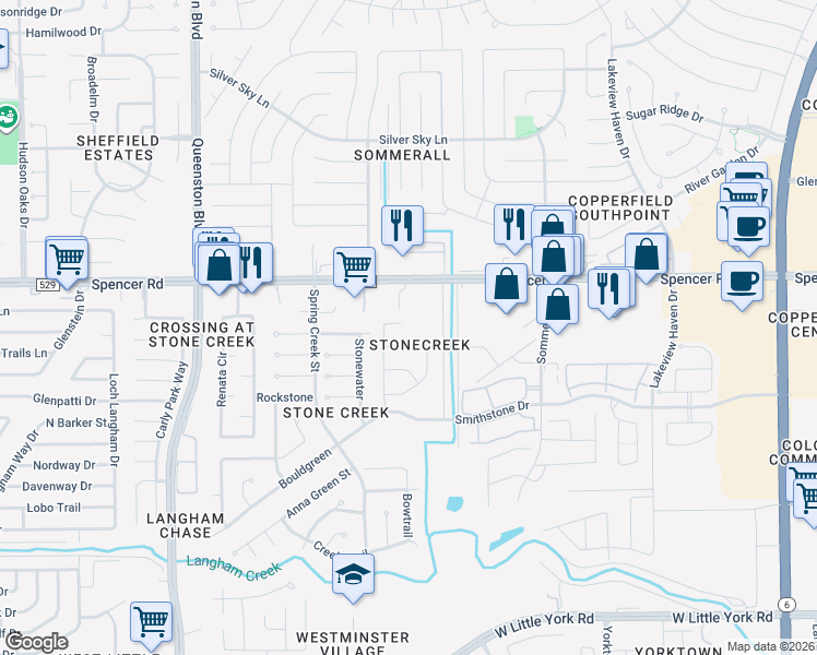 map of restaurants, bars, coffee shops, grocery stores, and more near 16514 Live Oak Canyon Drive in Houston
