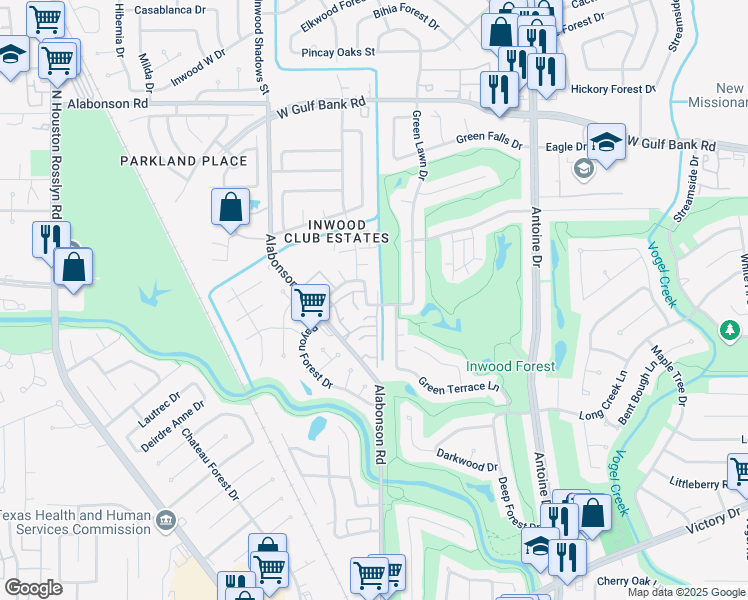 map of restaurants, bars, coffee shops, grocery stores, and more near 6102 Long Leaf Drive in Houston