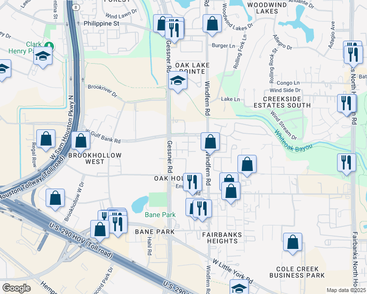 map of restaurants, bars, coffee shops, grocery stores, and more near 9515 West Gulf Bank Road in Houston