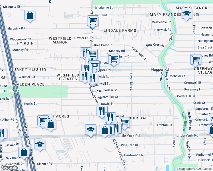 map of restaurants, bars, coffee shops, grocery stores, and more near 2131 Chamberlain Street in Houston