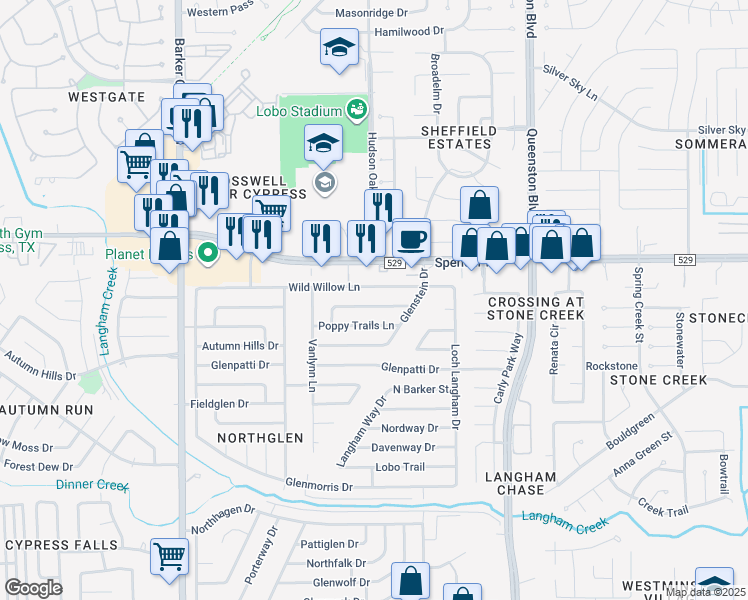 map of restaurants, bars, coffee shops, grocery stores, and more near 17510 Autumn Trails Lane in Houston
