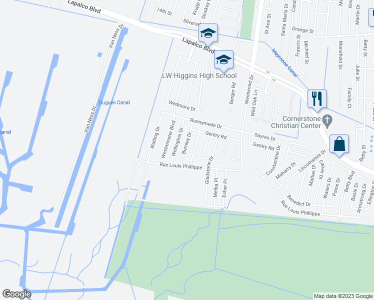 map of restaurants, bars, coffee shops, grocery stores, and more near 1813 Burnley Drive in Marrero