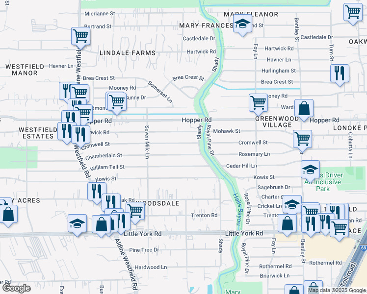 map of restaurants, bars, coffee shops, grocery stores, and more near 2531 Chamberlain Street in Houston