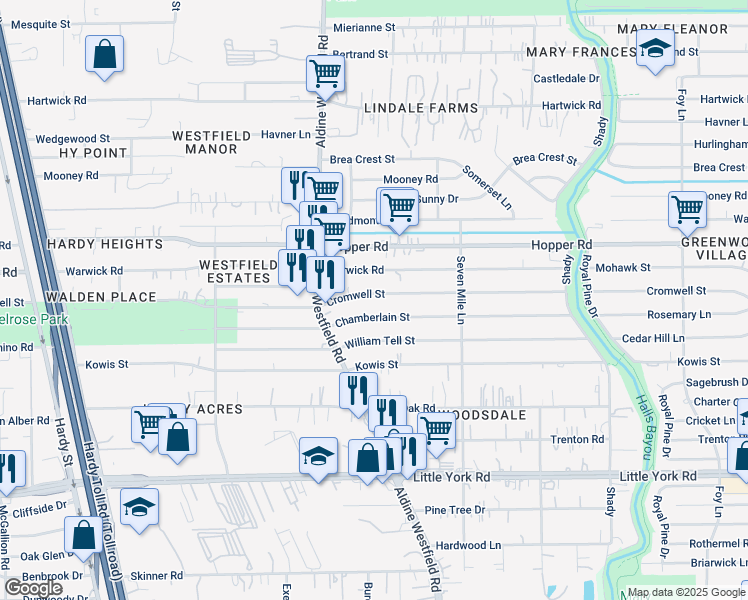 map of restaurants, bars, coffee shops, grocery stores, and more near 2131 Chamberlain Street in Houston