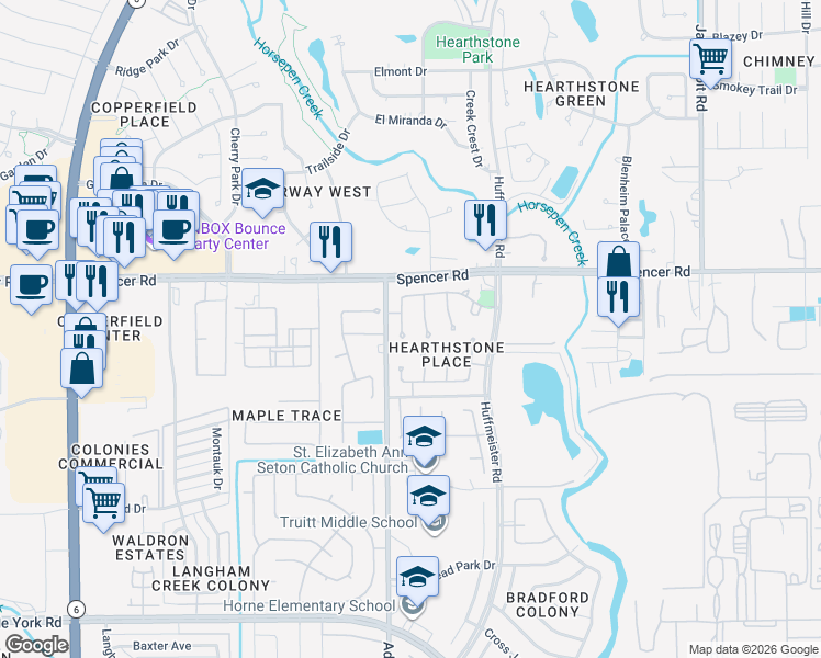 map of restaurants, bars, coffee shops, grocery stores, and more near 7003 Madison Trail in Houston