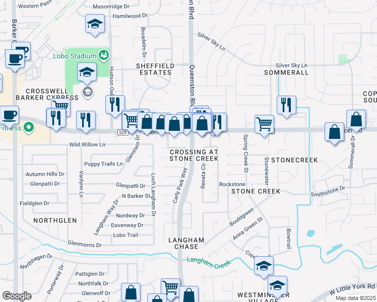 map of restaurants, bars, coffee shops, grocery stores, and more near 6826 Carly Park Way in Houston