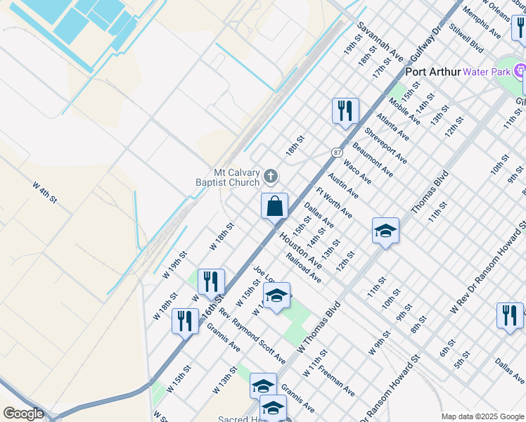 map of restaurants, bars, coffee shops, grocery stores, and more near 1801 Houston Avenue in Port Arthur