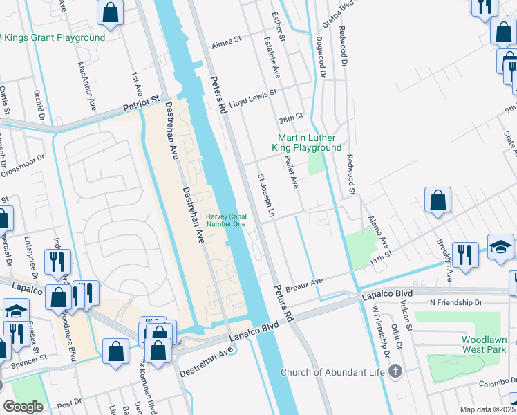 map of restaurants, bars, coffee shops, grocery stores, and more near 2201 Peters Road in Harvey
