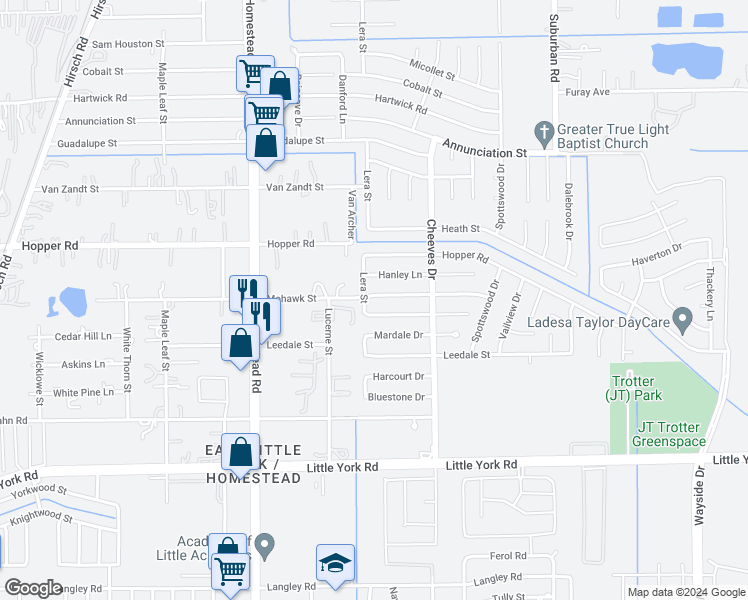 map of restaurants, bars, coffee shops, grocery stores, and more near 6306 Mohawk Street in Houston
