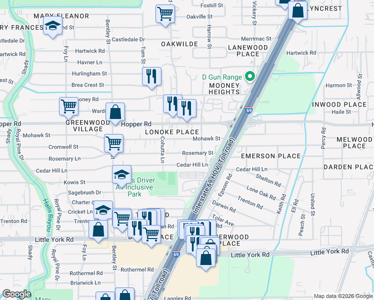 map of restaurants, bars, coffee shops, grocery stores, and more near 11079 Copley Lane in Houston