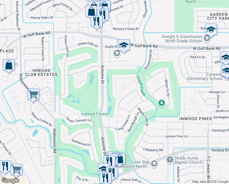 map of restaurants, bars, coffee shops, grocery stores, and more near 7703 Brush Wood Drive in Houston