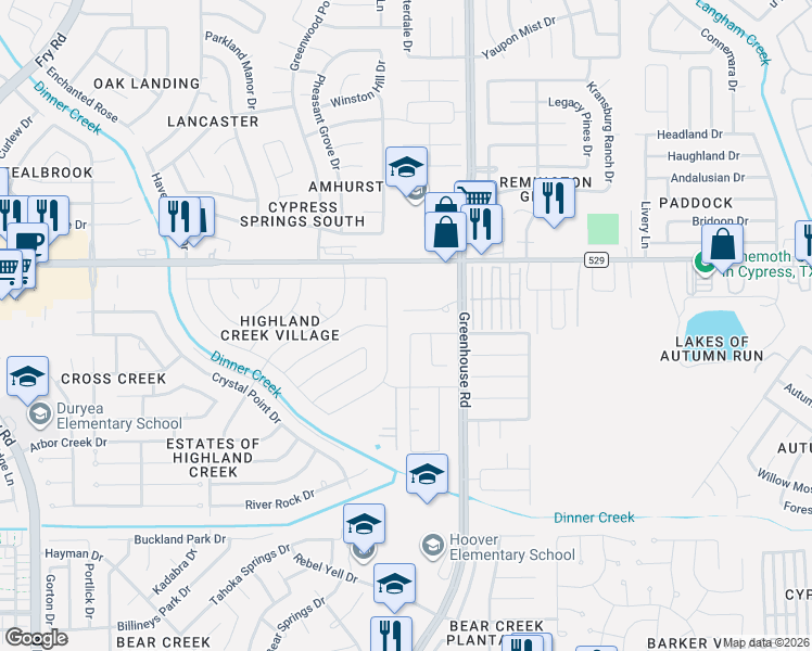 map of restaurants, bars, coffee shops, grocery stores, and more near 6739 Cypress Glades Drive in Katy