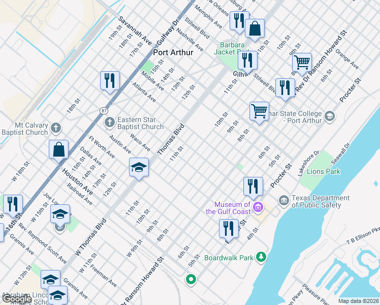 map of restaurants, bars, coffee shops, grocery stores, and more near 645 10th Street in Port Arthur