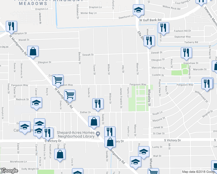 map of restaurants, bars, coffee shops, grocery stores, and more near 1501 Ferguson Way in Houston