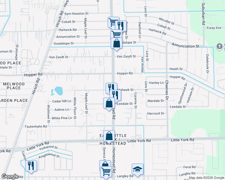 map of restaurants, bars, coffee shops, grocery stores, and more near Homestead Rd & Mohawk St in Houston