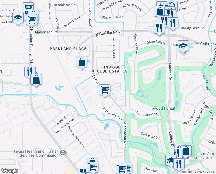 map of restaurants, bars, coffee shops, grocery stores, and more near 7346 Alabonson Road in Houston